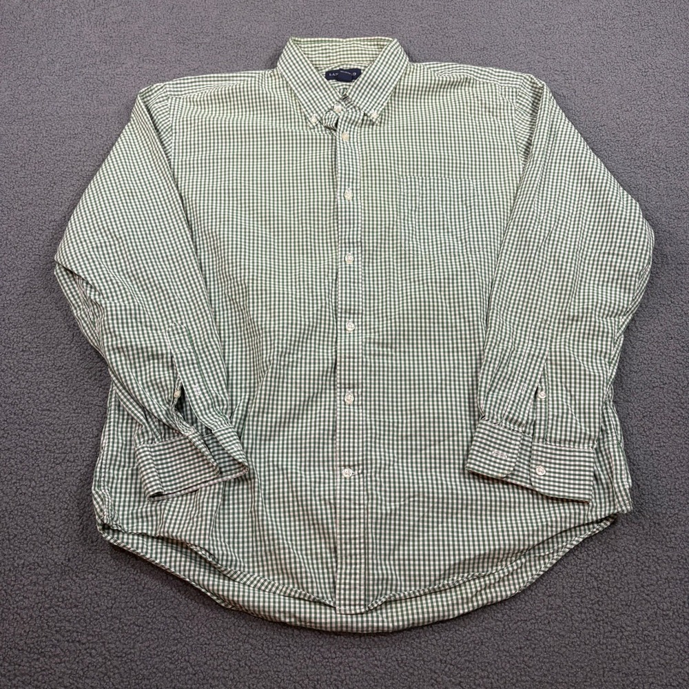 Lands End Button Down Shirt Mens 17.5 35 Green Gingham Tailored Fit Long Sleeve
